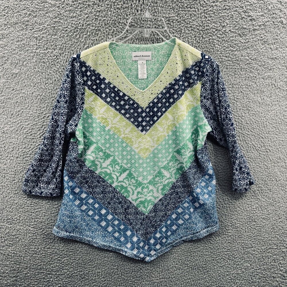 Alfred Dunner Women‎ Top Medium Blue Green Embellished 3/4 Sleeve Shirt Stretch